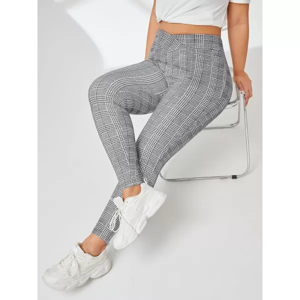 Floerns Women's Plus Size Plaid Pants Leggings Stretchy Elastic Waist Work Skinny Pants