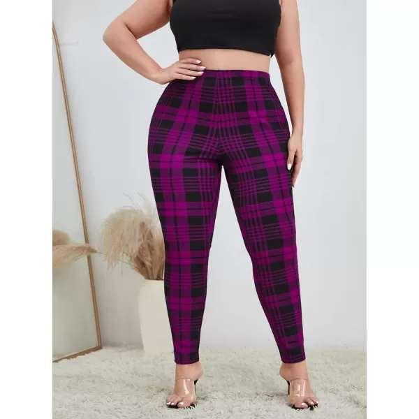 Floerns Women's Plus Size Plaid Pants Leggings Stretchy Elastic Waist Work Skinny Pants