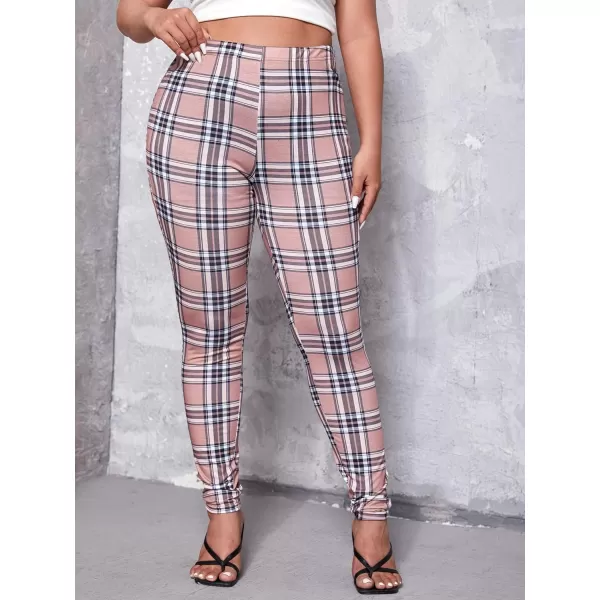 Floerns Women's Plus Size Plaid Pants Leggings Stretchy Elastic Waist Work Skinny Pants