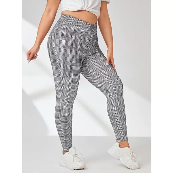 Floerns Women's Plus Size Plaid Pants Leggings Stretchy Elastic Waist Work Skinny Pants
