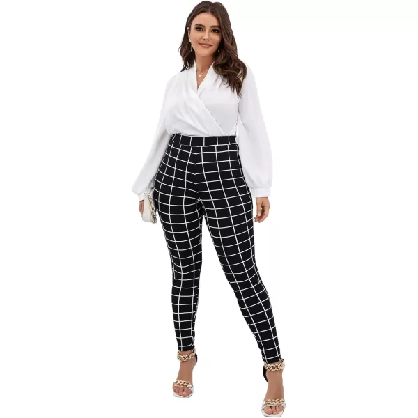 Floerns Women's Plus Size Plaid Pants Leggings Stretchy Elastic Waist Work Skinny Pants