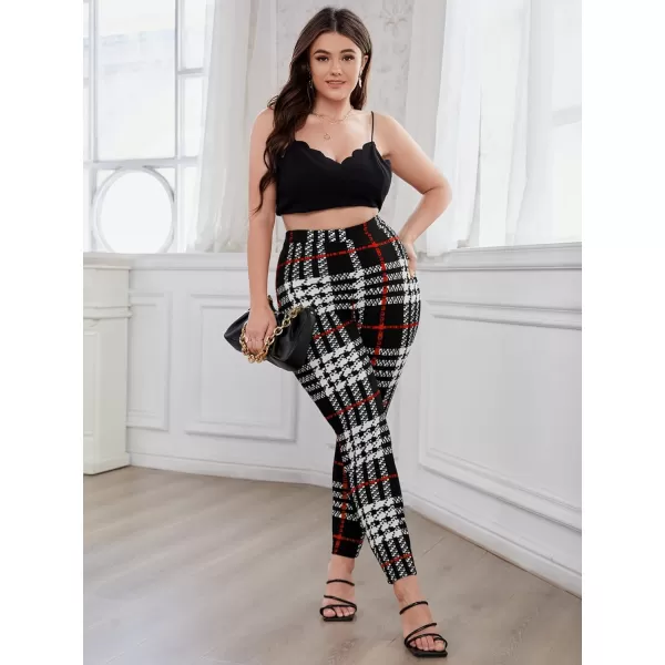 Floerns Women's Plus Size Plaid Pants Leggings Stretchy Elastic Waist Work Skinny Pants