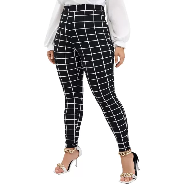 Floerns Women's Plus Size Plaid Pants Leggings Stretchy Elastic Waist Work Skinny Pants