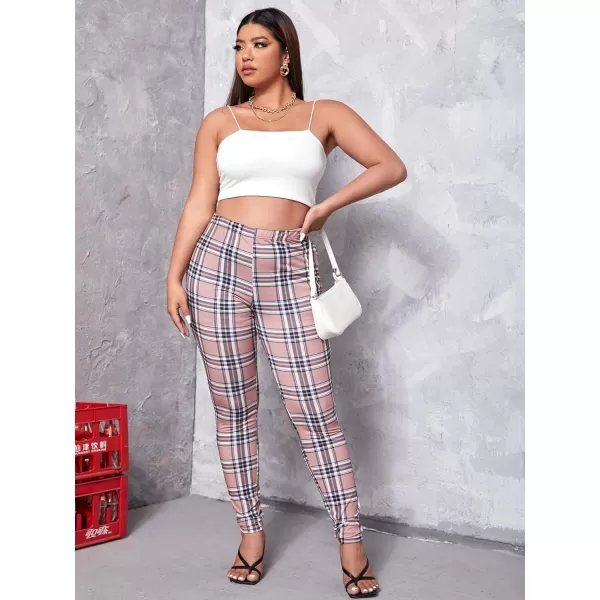 Floerns Women's Plus Size Plaid Pants Leggings Stretchy Elastic Waist Work Skinny Pants