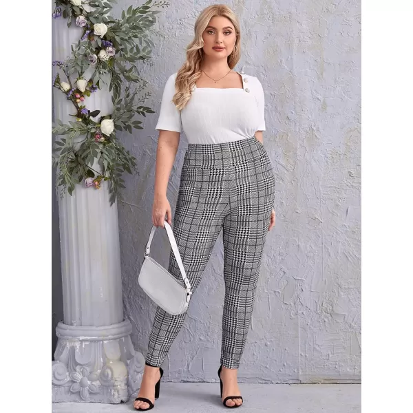 Floerns Women's Plus Size Plaid Pants Leggings Stretchy Elastic Waist Work Skinny Pants