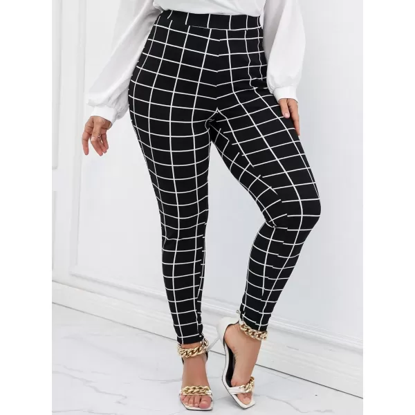 Floerns Women's Plus Size Plaid Pants Leggings Stretchy Elastic Waist Work Skinny Pants