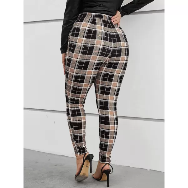 Floerns Women's Plus Size Plaid Pants Leggings Stretchy Elastic Waist Work Skinny Pants