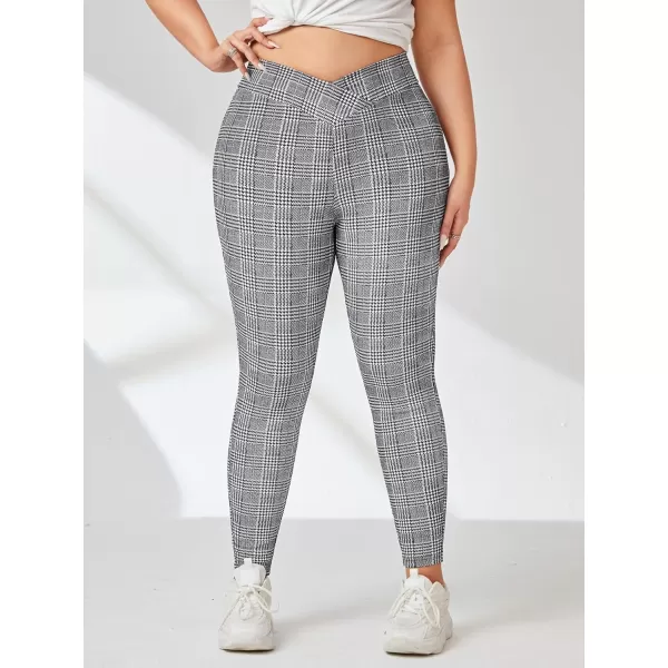 Floerns Women's Plus Size Plaid Pants Leggings Stretchy Elastic Waist Work Skinny Pants