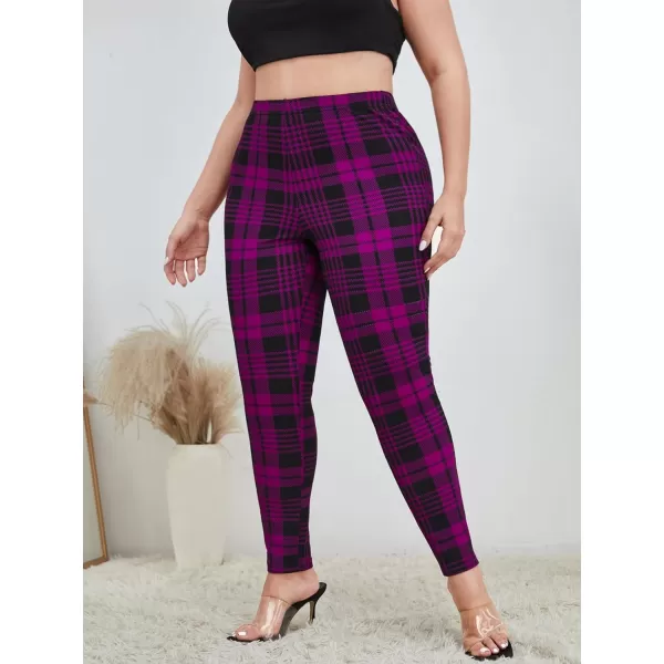 Floerns Women's Plus Size Plaid Pants Leggings Stretchy Elastic Waist Work Skinny Pants