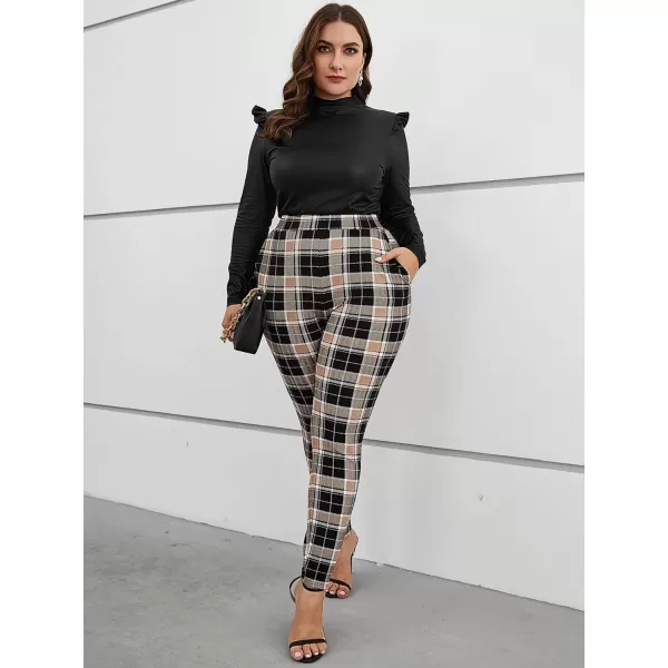 Floerns Women's Plus Size Plaid Pants Leggings Stretchy Elastic Waist Work Skinny Pants