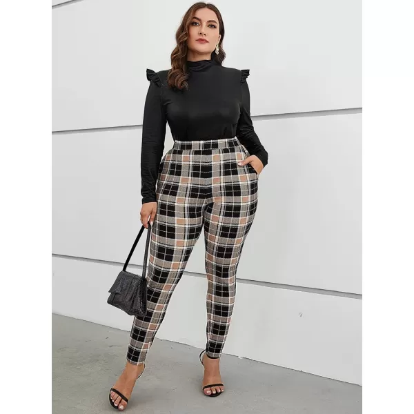 Floerns Women's Plus Size Plaid Pants Leggings Stretchy Elastic Waist Work Skinny Pants