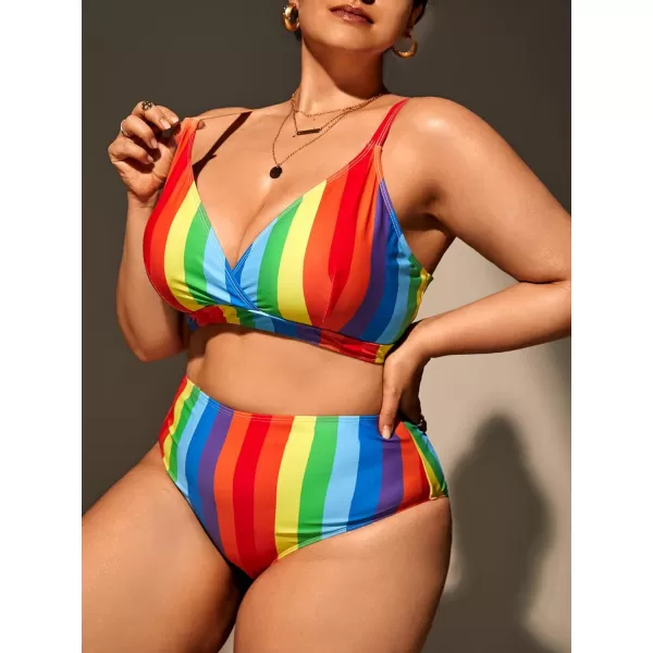 Floerns Women's Plus Size Rainbow Colorblock Striped V Neck High Waisted Swimsuit Bikini Sets