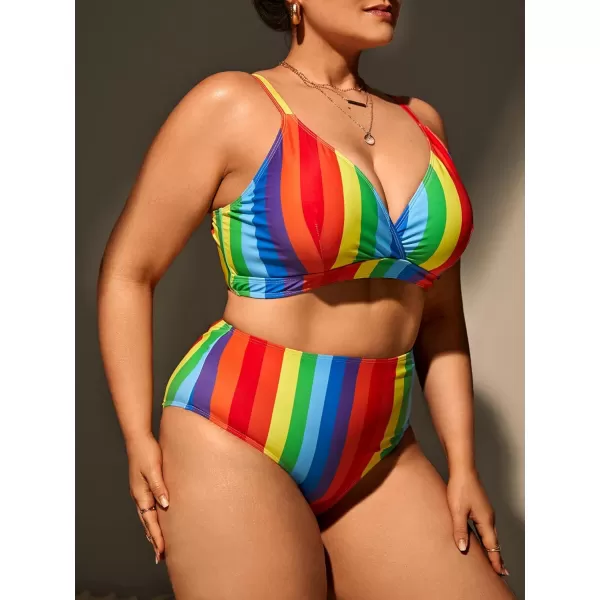 Floerns Women's Plus Size Rainbow Colorblock Striped V Neck High Waisted Swimsuit Bikini Sets