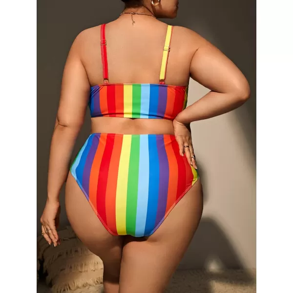 Floerns Women's Plus Size Rainbow Colorblock Striped V Neck High Waisted Swimsuit Bikini Sets