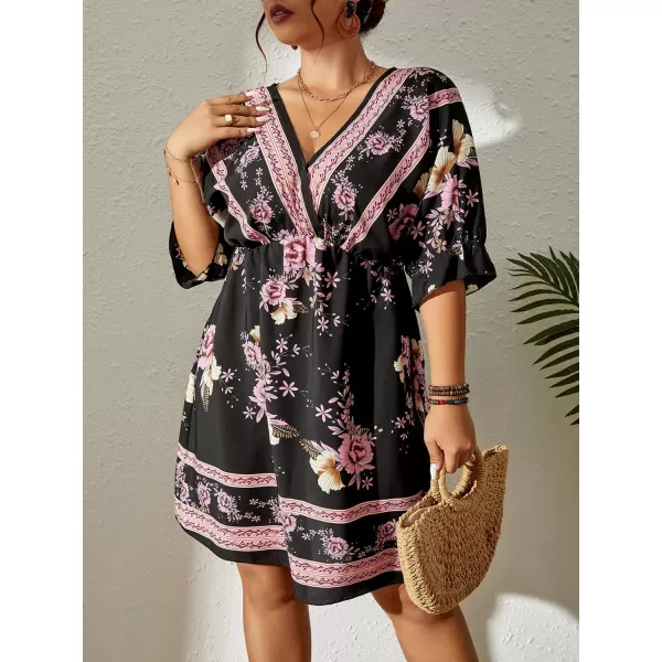 Floerns Women's Plus Size Short Sleeve Wrap V Neck A Line Floral Dress