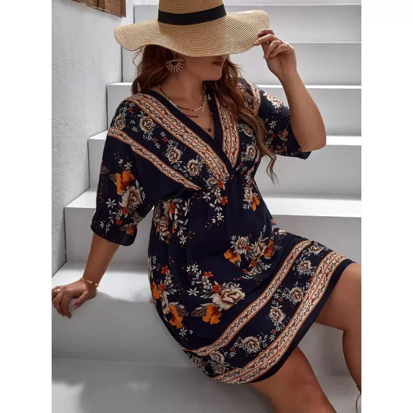 Floerns Women's Plus Size Short Sleeve Wrap V Neck A Line Floral Dress