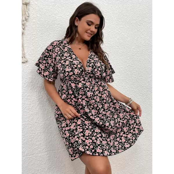 Floerns Women's Plus Size Short Sleeve Wrap V Neck A Line Floral Dress