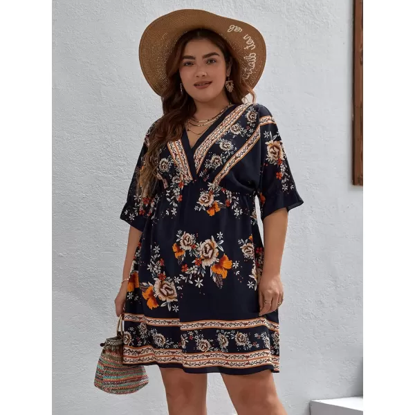 Floerns Women's Plus Size Short Sleeve Wrap V Neck A Line Floral Dress