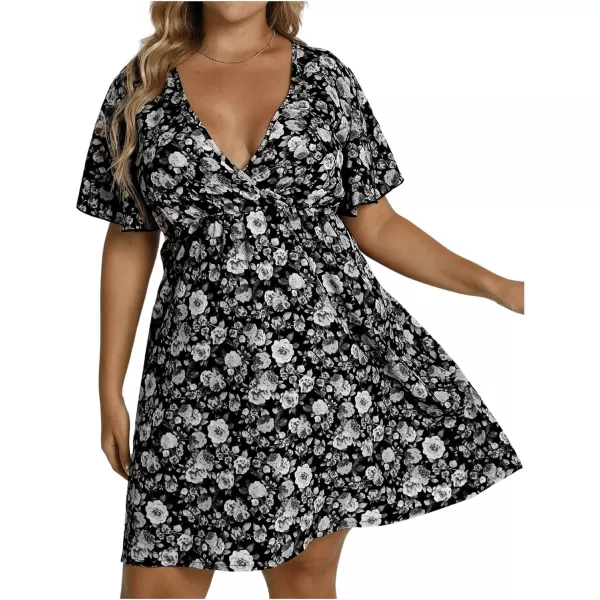 Floerns Women's Plus Size Short Sleeve Wrap V Neck A Line Floral Dress