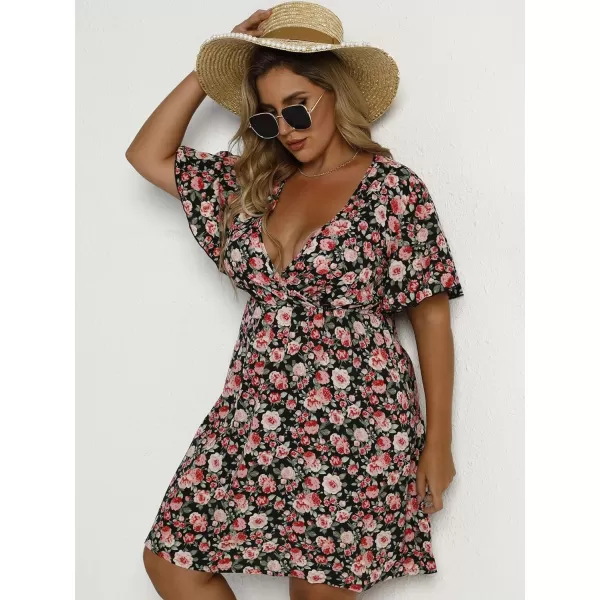 Floerns Women's Plus Size Short Sleeve Wrap V Neck A Line Floral Dress