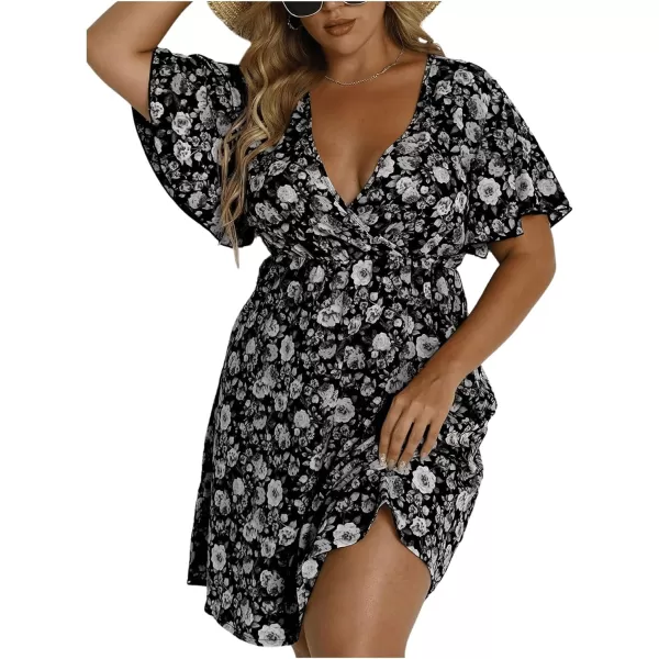 Floerns Women's Plus Size Short Sleeve Wrap V Neck A Line Floral Dress