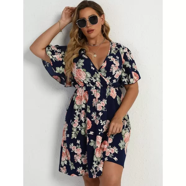 Floerns Women's Plus Size Short Sleeve Wrap V Neck A Line Floral Dress