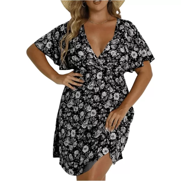 Floerns Women's Plus Size Short Sleeve Wrap V Neck A Line Floral Dress