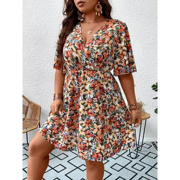 Floerns Women's Plus Size Short Sleeve Wrap V Neck A Line Floral Dress
