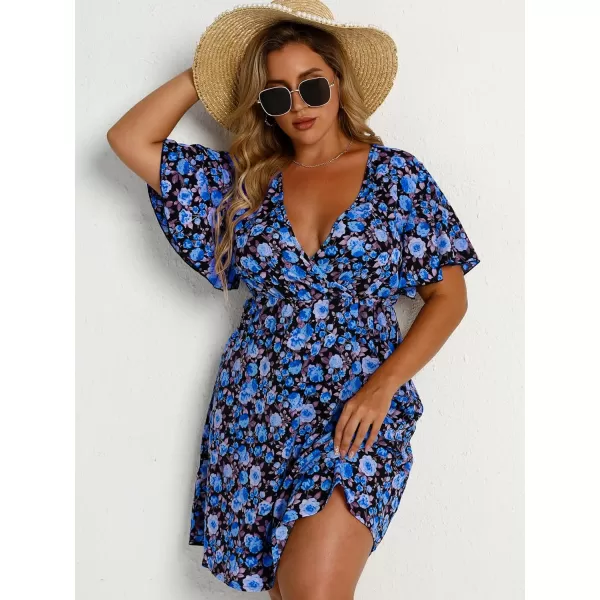 Floerns Women's Plus Size Short Sleeve Wrap V Neck A Line Floral Dress