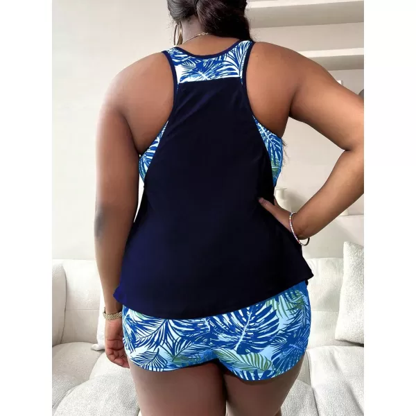 Floerns Women's Plus Size Tropical Print Ruched 2 Piece Tankini Swimsuit