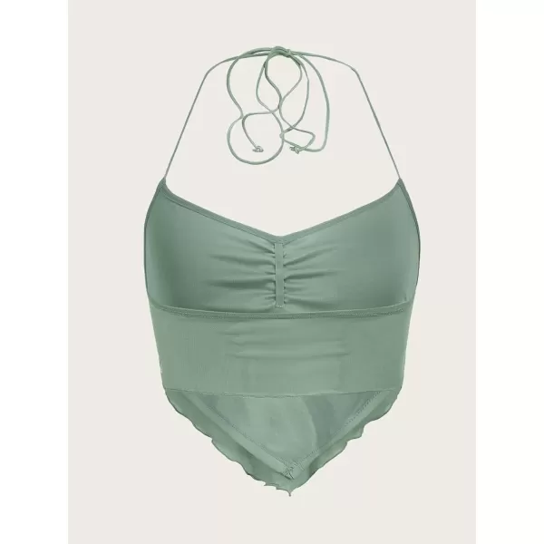 Floerns Women's Ruched Sleeveless Halter Neck Tie Back Hanky Hem Crop Cami Top