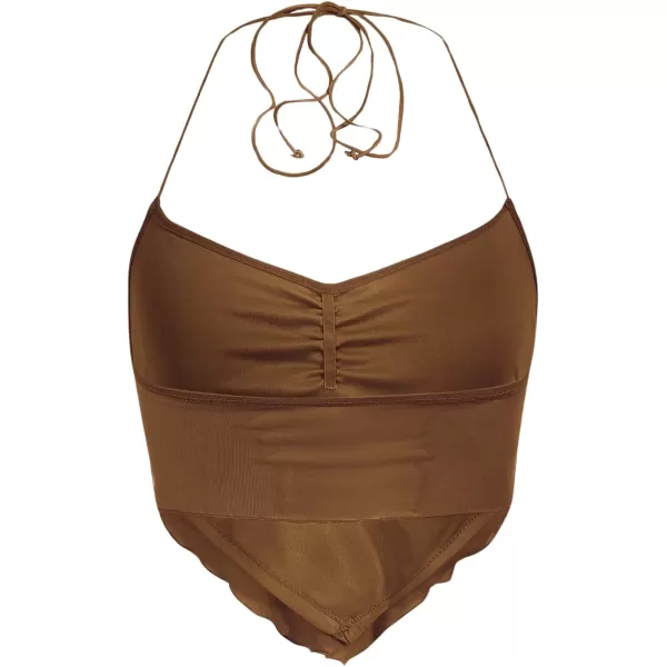 Floerns Women's Ruched Sleeveless Halter Neck Tie Back Hanky Hem Crop Cami Top
