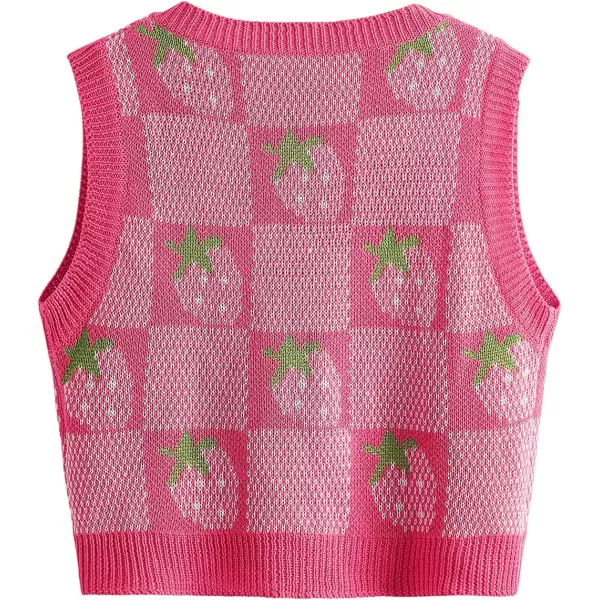 Floerns Women's Sleeveless Round Neck Cute Strawberry Sweater Vest Crop Shirt Top