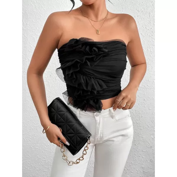 Floerns Women's Strapless Bandeau Asymmetrical Ruffle Trim Party Tube Top