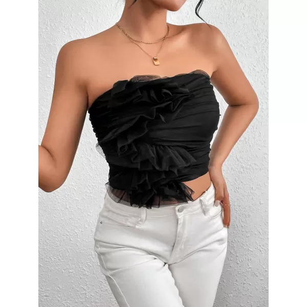 Floerns Women's Strapless Bandeau Asymmetrical Ruffle Trim Party Tube Top