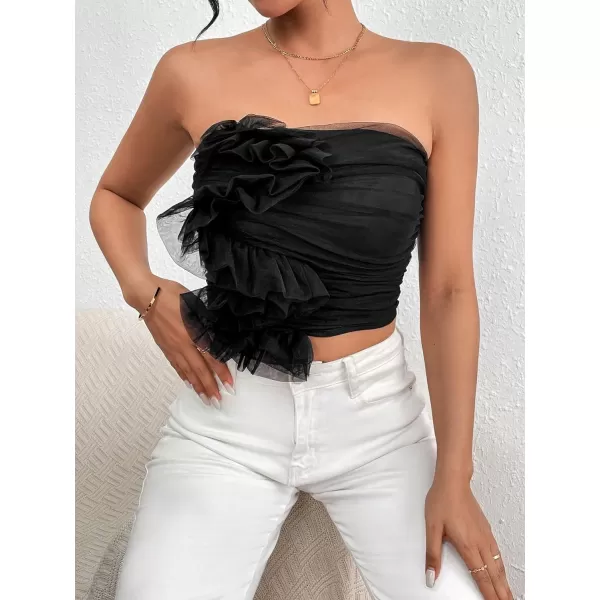 Floerns Women's Strapless Bandeau Asymmetrical Ruffle Trim Party Tube Top