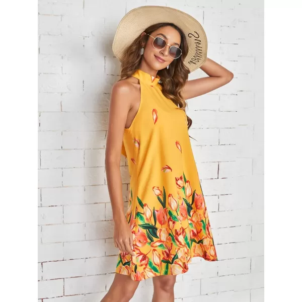 Floerns Women's Summer Floral Print Sleeveless Halter Neck Beach Party Dress