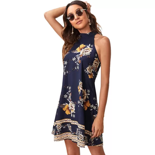 Floerns Women's Summer Floral Print Sleeveless Halter Neck Beach Party Dress