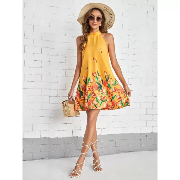 Floerns Women's Summer Floral Print Sleeveless Halter Neck Beach Party Dress
