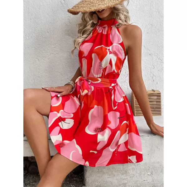 Floerns Women's Summer Floral Print Sleeveless Halter Neck Beach Party Dress