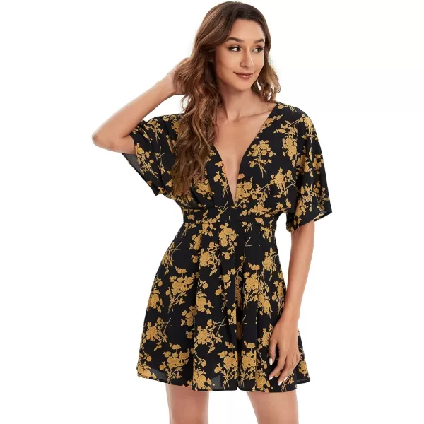 Floerns Women's Tropical Floral Plunging V Neck Tie Open Back Summer Short Dress