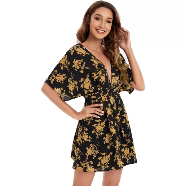 Floerns Women's Tropical Floral Plunging V Neck Tie Open Back Summer Short Dress