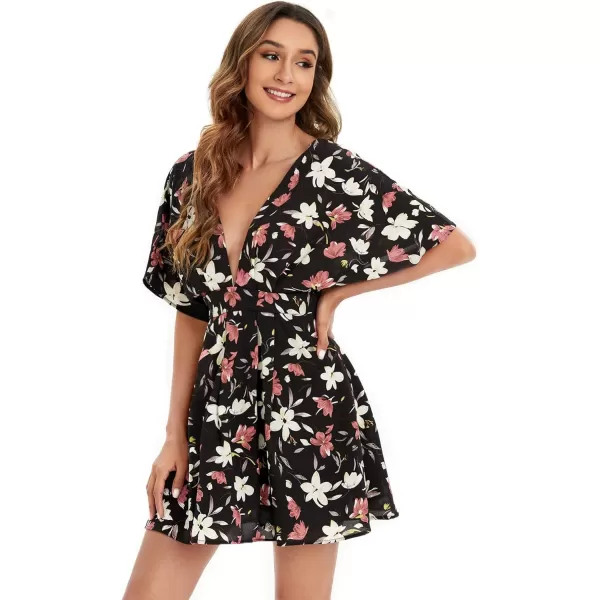 Floerns Women's Tropical Floral Plunging V Neck Tie Open Back Summer Short Dress
