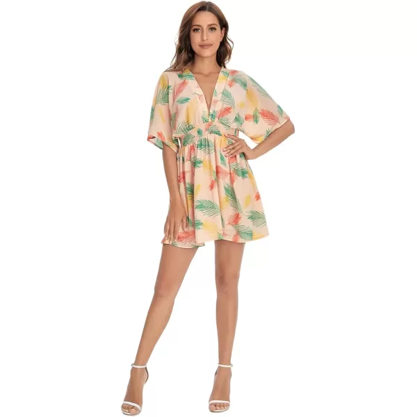 Floerns Women's Tropical Floral Plunging V Neck Tie Open Back Summer Short Dress