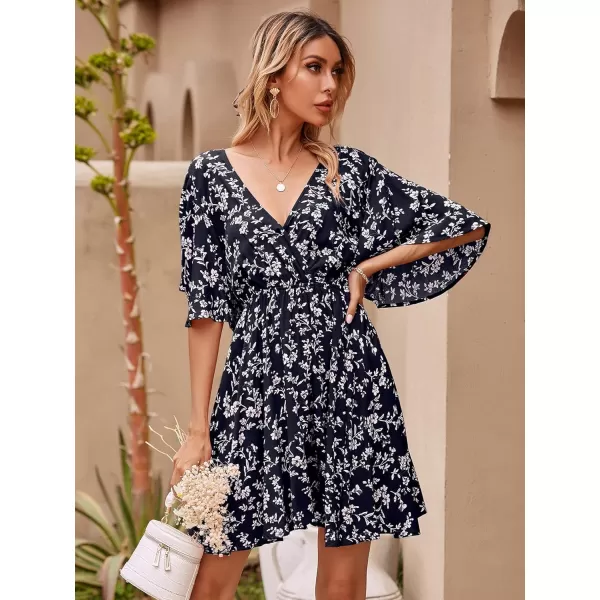 Floerns Women's Tropical Floral Plunging V Neck Tie Open Back Summer Short Dress