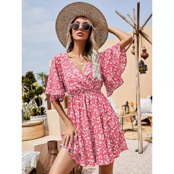 Floerns Women's Tropical Floral Plunging V Neck Tie Open Back Summer Short Dress
