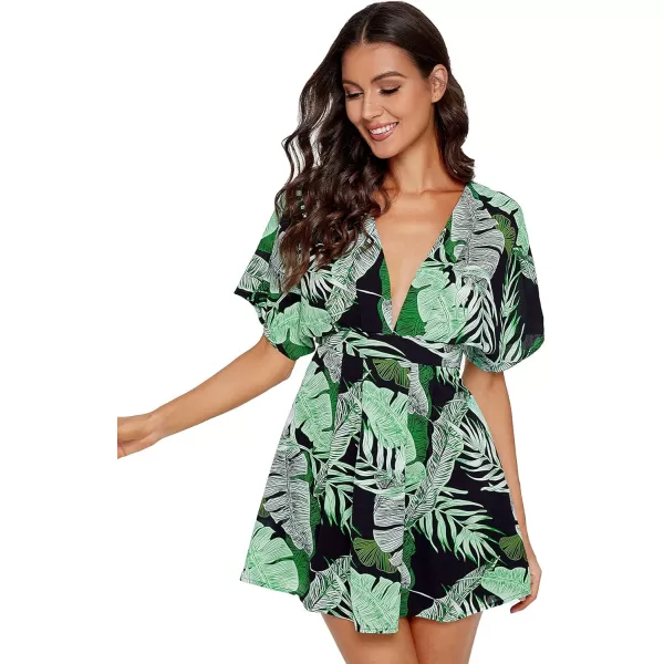 Floerns Women's Tropical Floral Plunging V Neck Tie Open Back Summer Short Dress