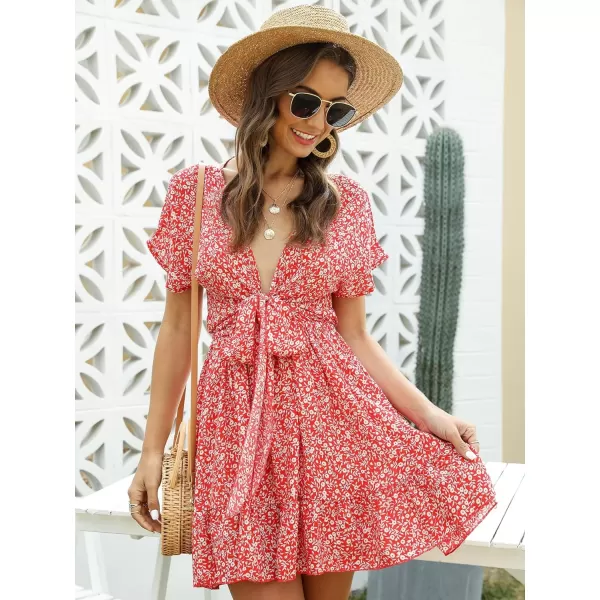 Floerns Women's Tropical Floral Plunging V Neck Tie Open Back Summer Short Dress