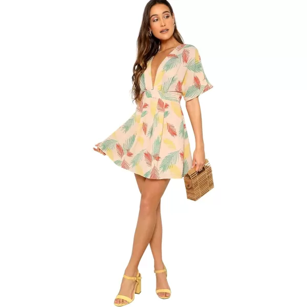 Floerns Women's Tropical Floral Plunging V Neck Tie Open Back Summer Short Dress
