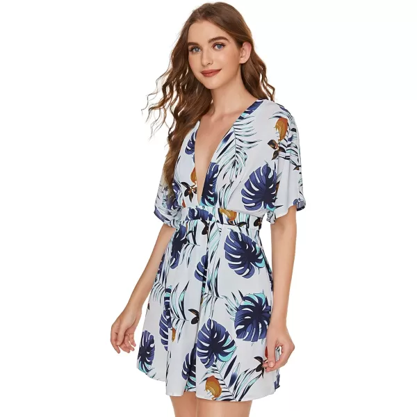 Floerns Women's Tropical Floral Plunging V Neck Tie Open Back Summer Short Dress